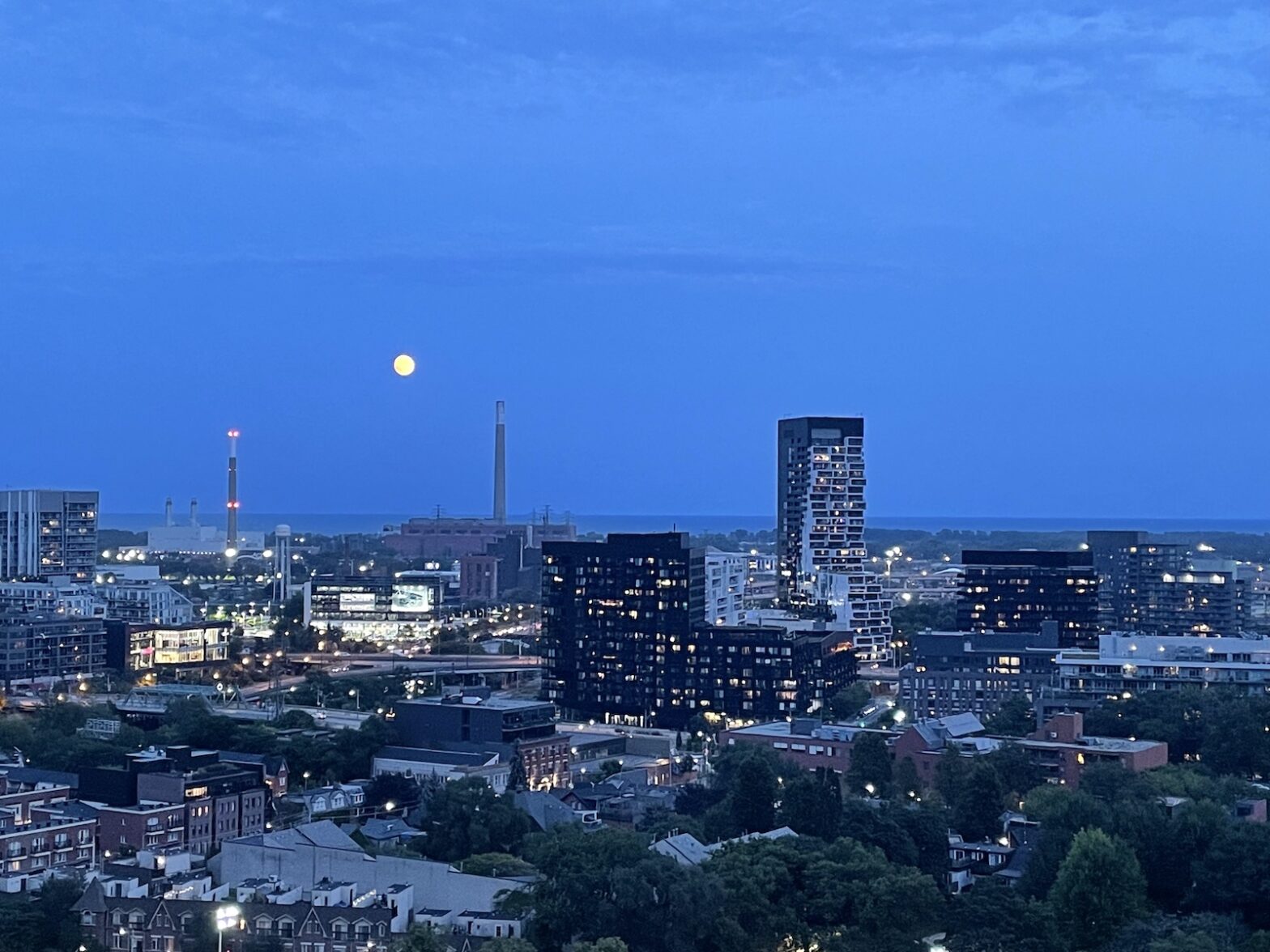 The rising moon over Corktown Common in Toronto. A deep blue sky over an evening cityscape.