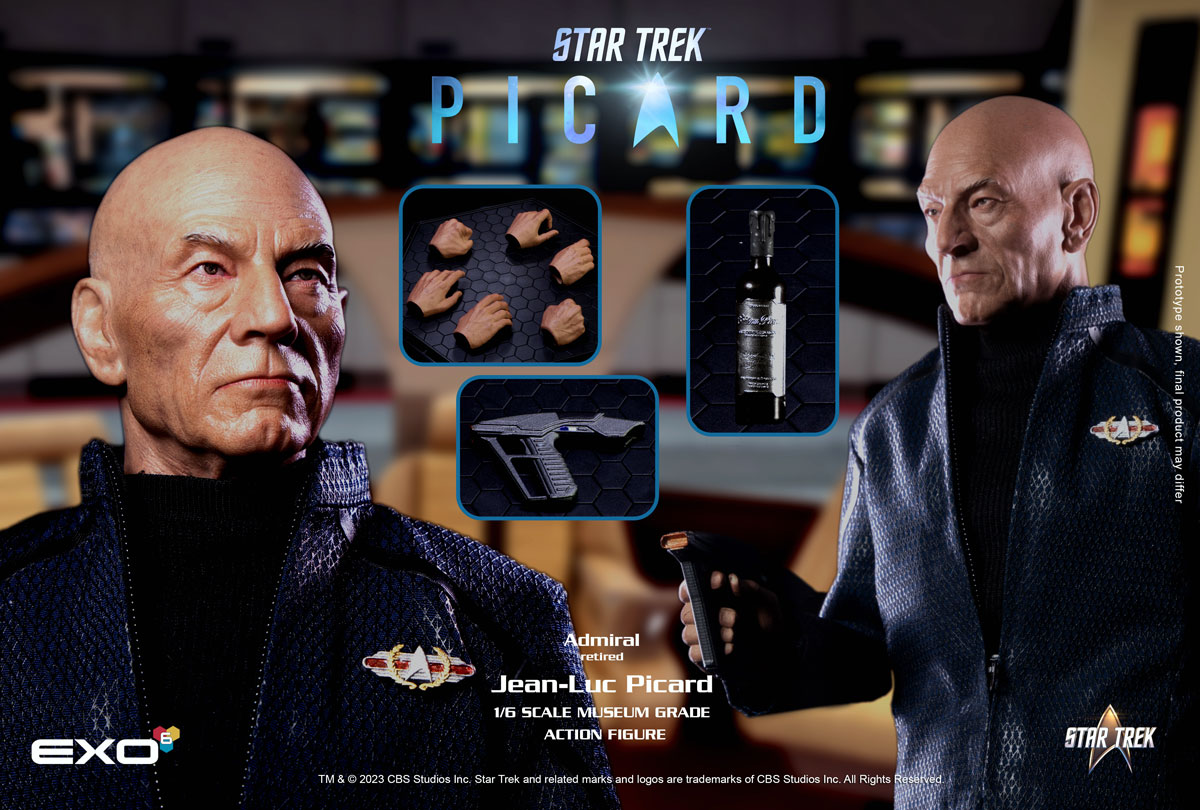 Sixth-scale action figure promo shot of Jean-Luc Picard by Exo-6 Collectibles, from the third season of the television.