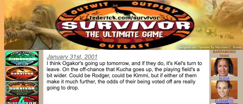 Screenshot from "Survivor: The Ultimate Game," with a distorted oval logo above simple blog text.