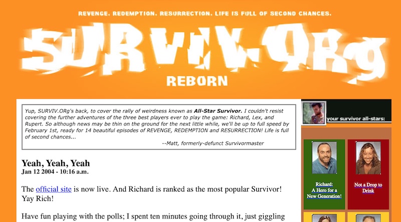 The SURVIV.ORg web site, circa 2004. The logo is now exploding outward and says "SURVIV.ORg Reborn"
