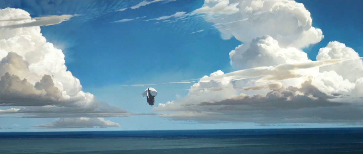 A steampunk airship sails away into a bright blue sky.