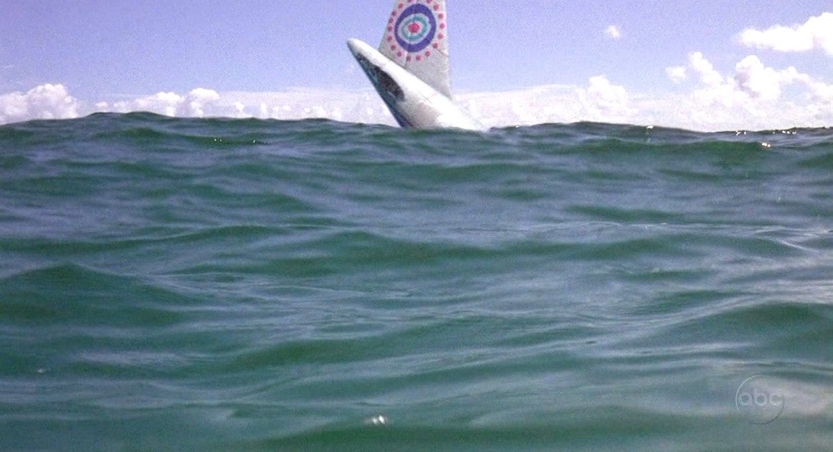 The tail of Oceanic 815, a jetliner, in the Pacific Ocean.