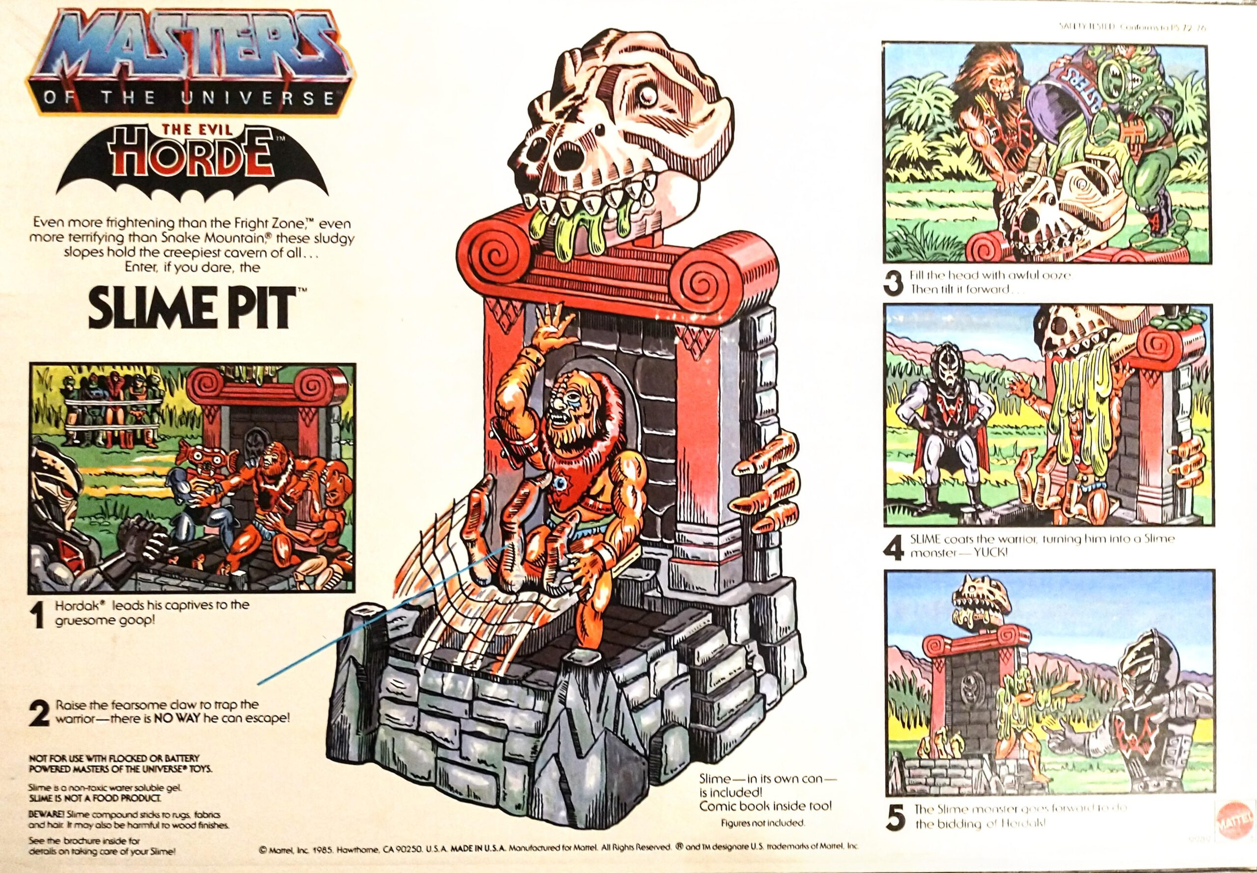A diagram of the Slime Pit toy from Mattel, which appeared on the back of the box and gives five instructions on how to load and pour your slime.